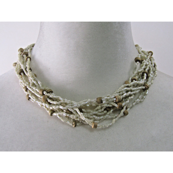 VTG Beige Seed bead 12 Strand Twist Choker Necklace Cottagecore Beach 18" Long - Picture 1 of 4